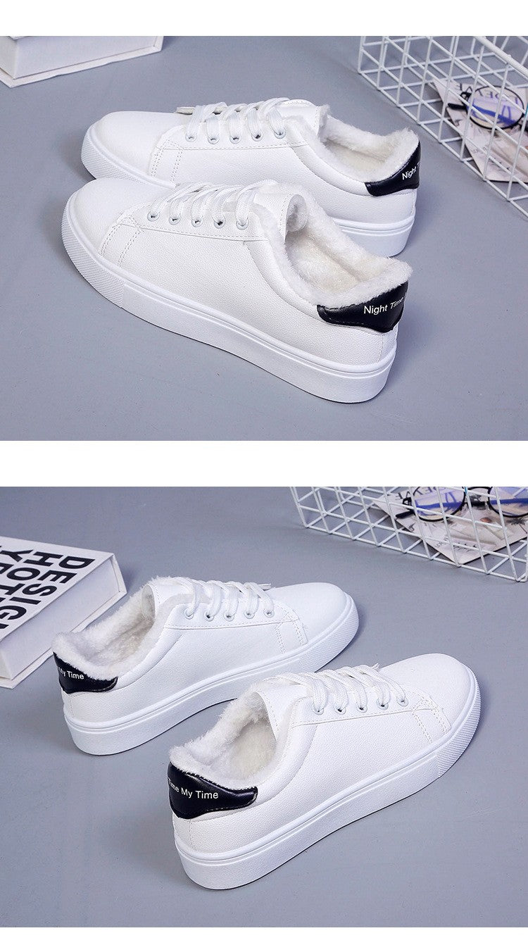 Tênis Feminino de Inverno, Quente, Pelúcia, Sola Vulcanizada, Plataforma, Algodão, Cadarço, Branco, Com Pelúcia, Casual