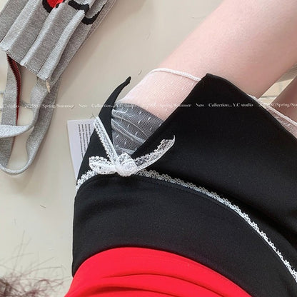 Mini Skirts Women Patchwork Lace Bow Hotsweet Summer A-Line Skirt with Safety Pants Fashion Side Slit Bodycon 2025 Lady Skirts