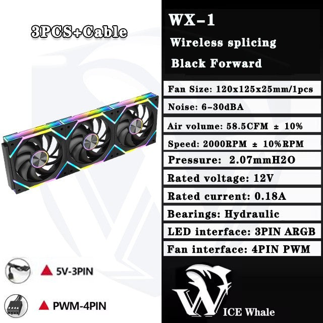 ICE Whale WX-1 Wireless Splicing PC Case Fan 120mm ARGB Mirror Cycle Effect 800-2000RPM 360mm Water-cooled Radiator Cooling Fan