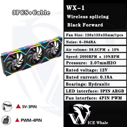 ICE Whale WX-1 Wireless Splicing PC Case Fan 120mm ARGB Mirror Cycle Effect 800-2000RPM 360mm Water-cooled Radiator Cooling Fan