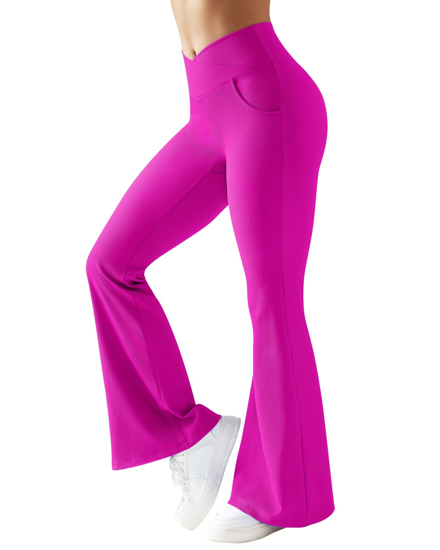 Women Ribbed Crossover Flare Leggings V Waist Slim Fit Yoga Pants with Pockets Workout Fitness Yoga Pants Flared Pants Female