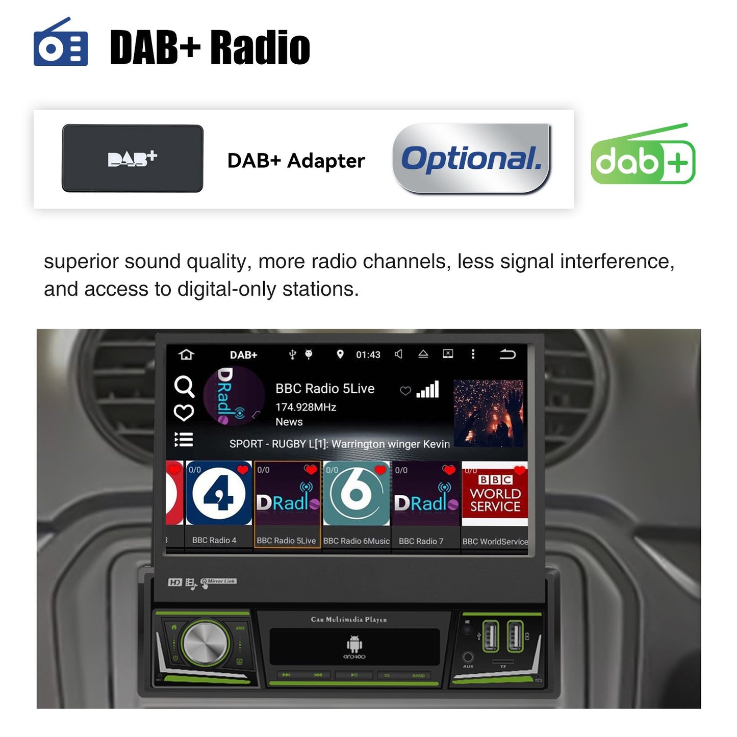 ESSGOO 1 DIN 7 Polegadas Flip Out Tela Touchscreen 4+64G Android 14 Rádio Estéreo Automotivo Apple Carplay GPS Navi Wifi FM RDS Bluetooth USB EQ