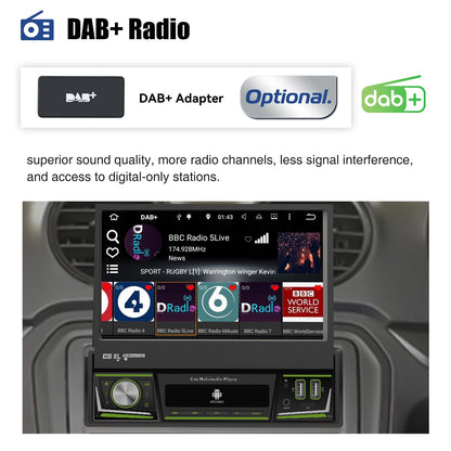 ESSGOO 1 DIN 7 Polegadas Flip Out Tela Touchscreen 4+64G Android 14 Rádio Estéreo Automotivo Apple Carplay GPS Navi Wifi FM RDS Bluetooth USB EQ