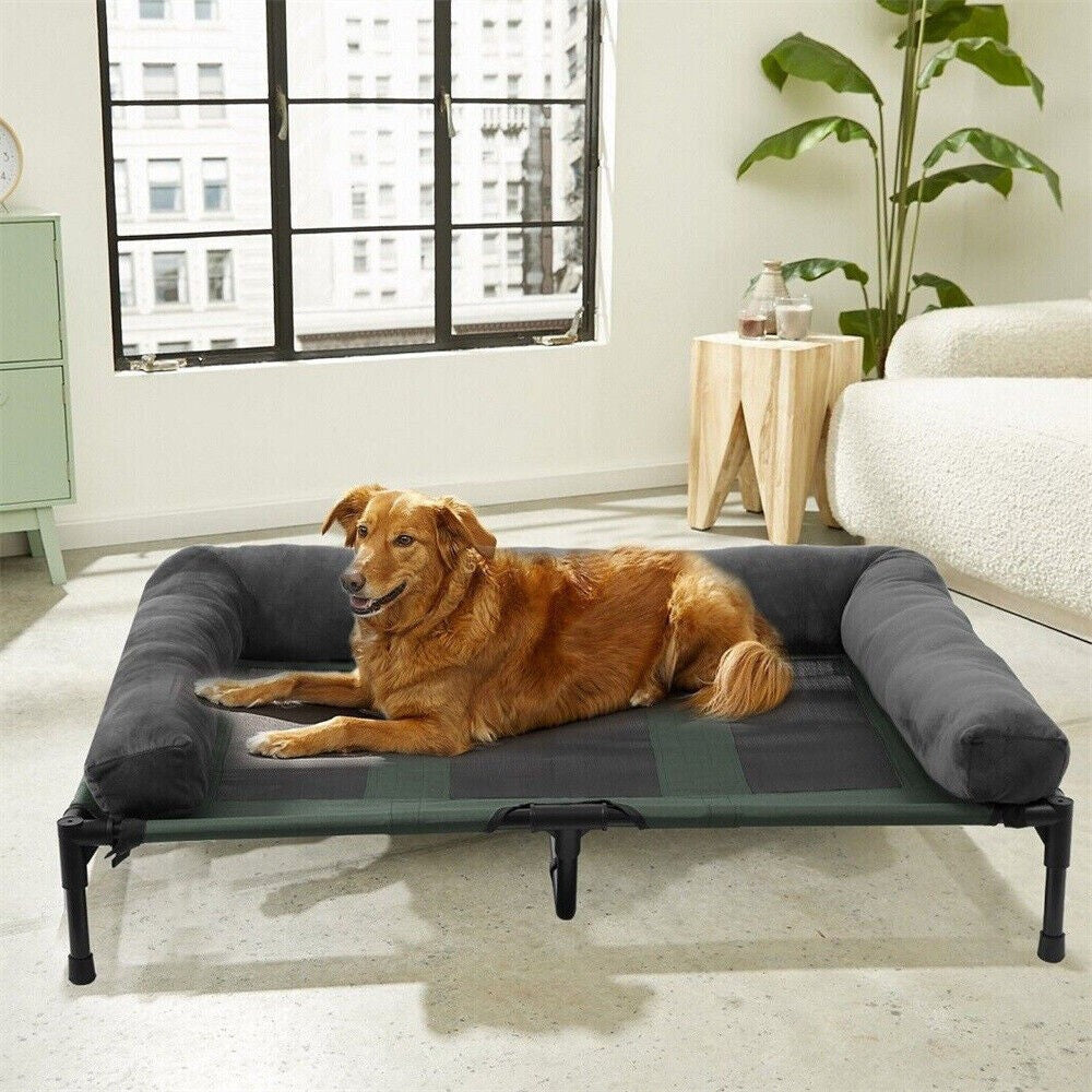 Cama de cachorro grande XXL XL para ambientes externos, elevada com esteira de resfriamento respirável e esteira de pelúcia macia, cama de acampamento para filhotes para casa e jardim