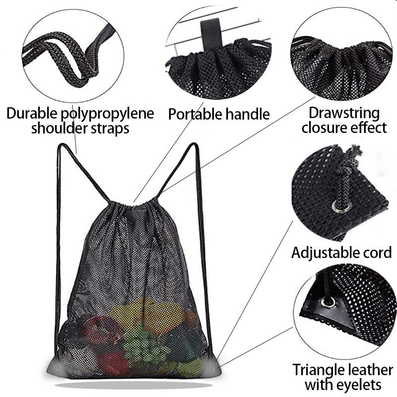 Mesh Drawstring Backpack Bags Heavy Duty Multi Functional Black Mesh Pouch Beach Toys Bag Beach Bag