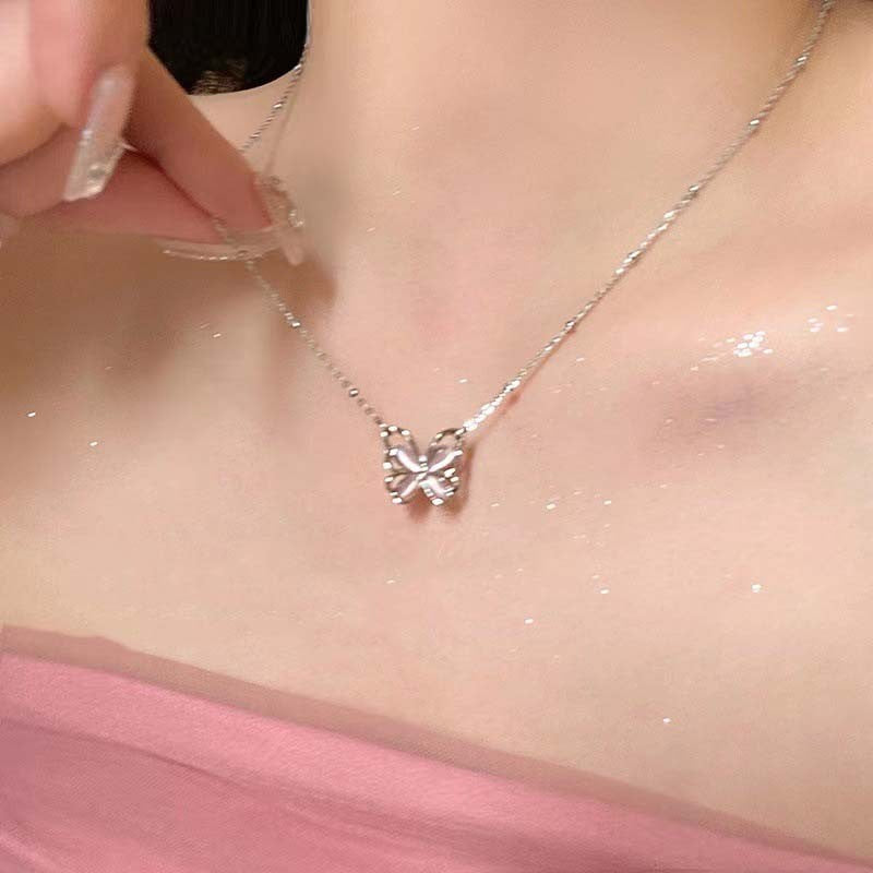 Colar coreano com pingente de laço de coração de cristal rosa, corrente prateada, para mulheres, joias estéticas para casamento