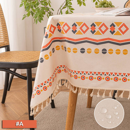 Vintage Boho Tassel Table Cloth Waterproof Cotton Linen Bohemian Tablecloth Patio Outdoor Wrinkle Free Table Protector Covers