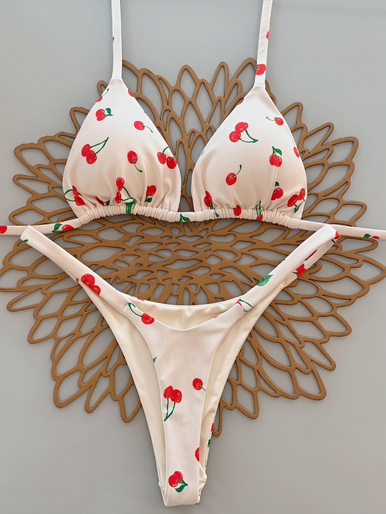 Sexy Cherry Print Triangle Brazilian Bikini Push Up Swimsuit 2 Piece String Bandage Bikinis Swimwear Women Thong Bathing Suit