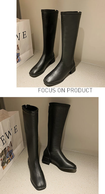 Women Black High Heel Long Boots Fashion Spring Autumn Warm Knee High Boots Soft Leather Thigh High Boots Shoes Zipper