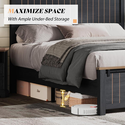 Armação de Cama Queen Size Estilo Fazenda com Porta de Celeiro Deslizante, Armação de Cama Plataforma Rústica de Madeira com Cabeceira Alta de 1,20m, Antirruído