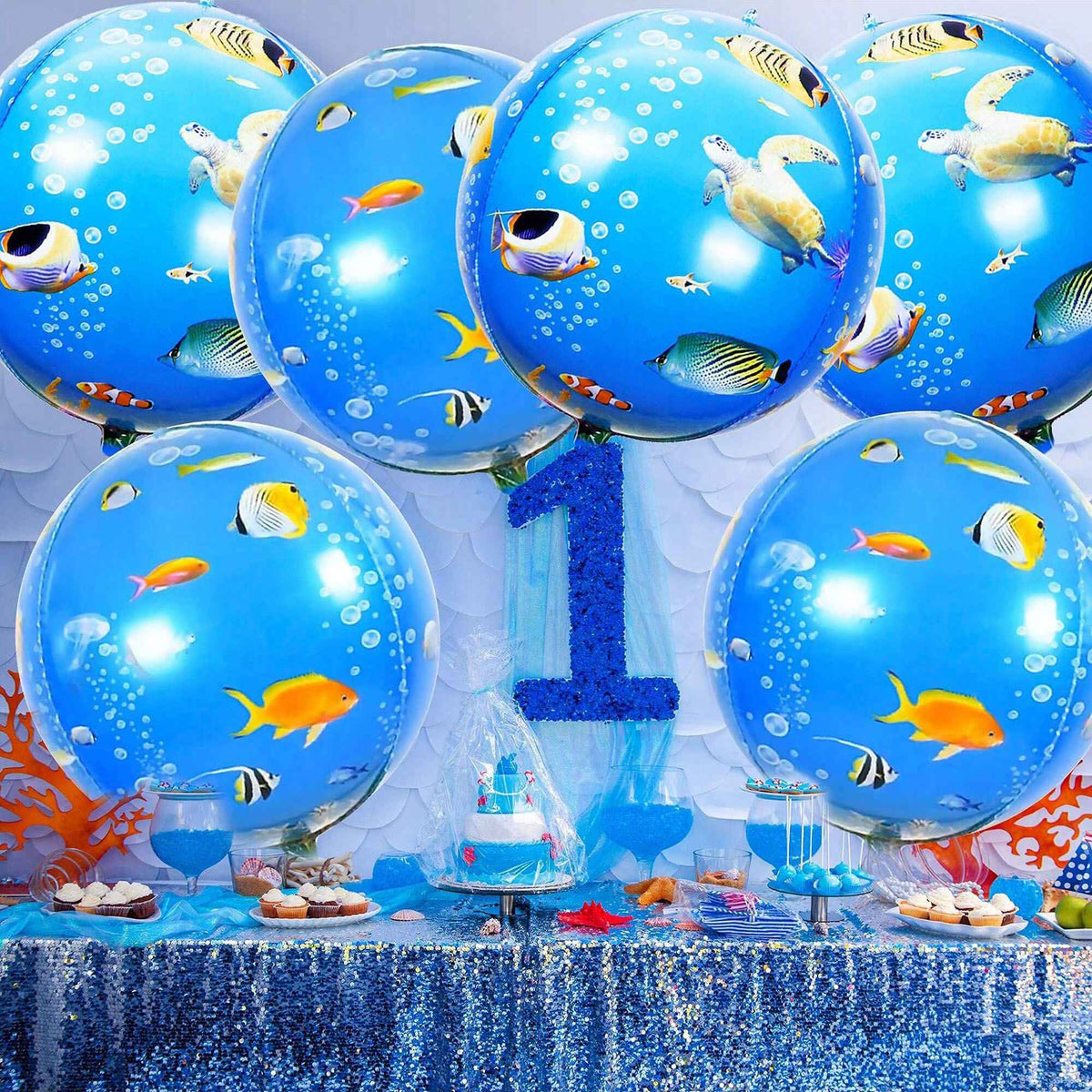 6pcs 22 Inch Round 4D Ocean Birthday Sea Turtle Mylar Balloons Ocean Mermaid Theme Party Sea Animal Birthday Party Balloons