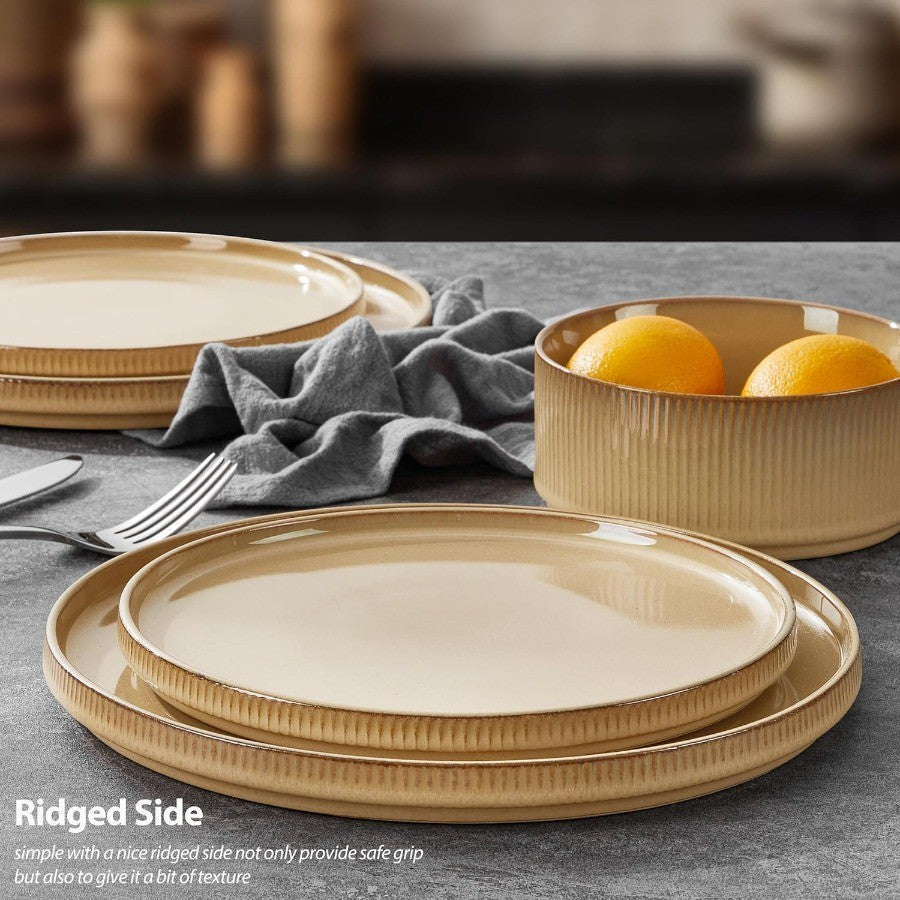 16 Piece Dinnerware Sets with Double Bowls Ceramic Plates and Bowls Set for 4 Ribbed Stoneware Dishes Microwave and Dishwasher