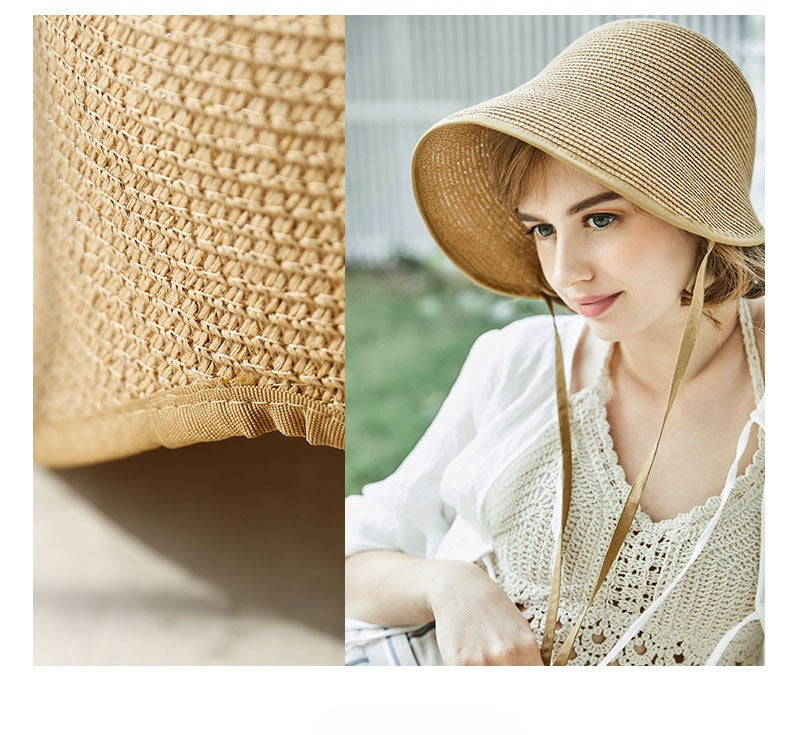 Chapéus de Sol de Festa Femininos FS Fashion Straw Regency Bonnets Hats para Mulheres Chapéu de Praia com Laço e Aba Grande Chapéu Cloche Fedora Chapeau Femme