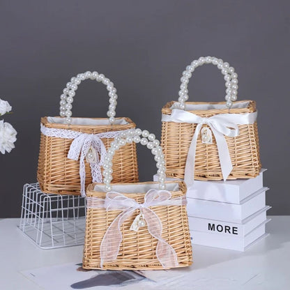Straw Tote Hand Bags Summer Pearl Handle Handmade Knitted Handbag Storage Rattan Weaving Basket Shoulder Bag Women Girls