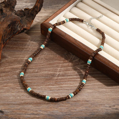 Colar Masculino Artesanal de Contas de Madeira e Argila Colar Fashion Vintage Africano de Contas Brancas para Homens Colar de Surfista de Praia Joias Tribais