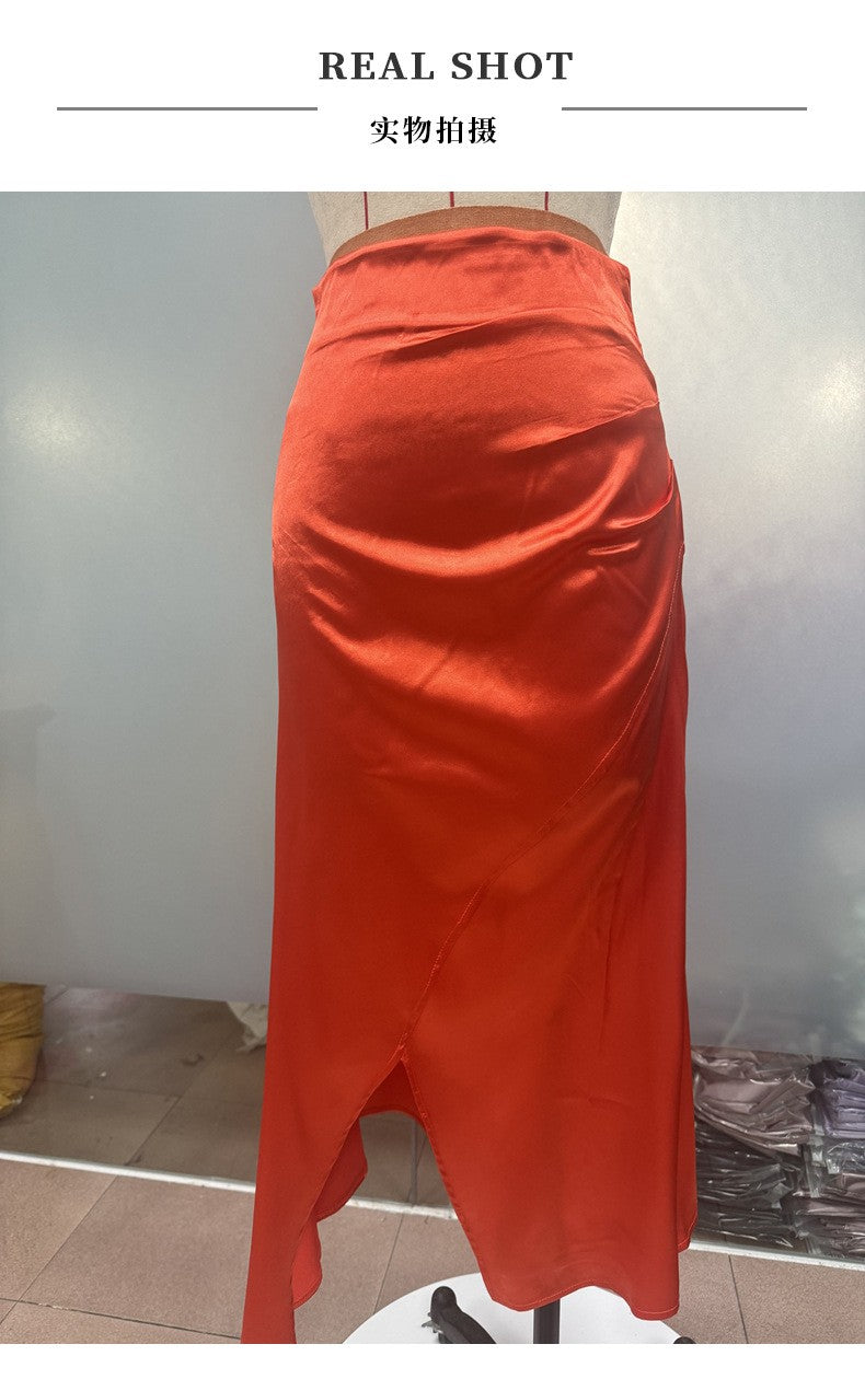 Nighpha Women's Elegant Satin Skirts High Waisted Flared Casual Work Office Fishtail Midi Skirt