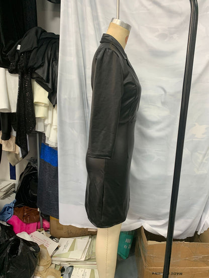 Fashionable Pure Black PU Leather Women's Dress Sexy V-neck Slim Fit Dress 2025 Autumn And Winter Temperament Commuting Vestido