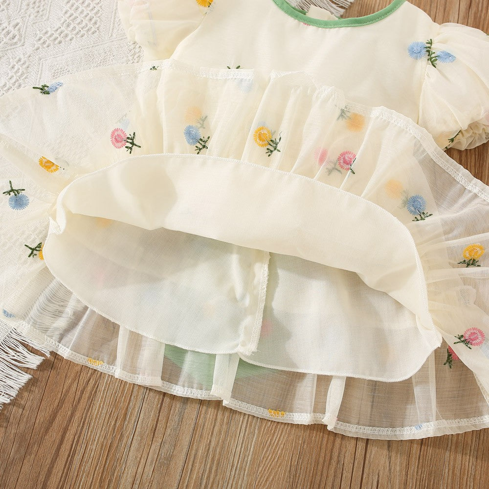 Summer Flower Embroidered Chiffon Dress for Baby Girl Birthday Dress High Quality Kids Clothes Send Big Bow