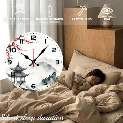 Chinese Landscape Wooden Round Silent Hanging Wall Clock, Suitable For Living Room, Office, Study Room, Bedroom, Home Decoration