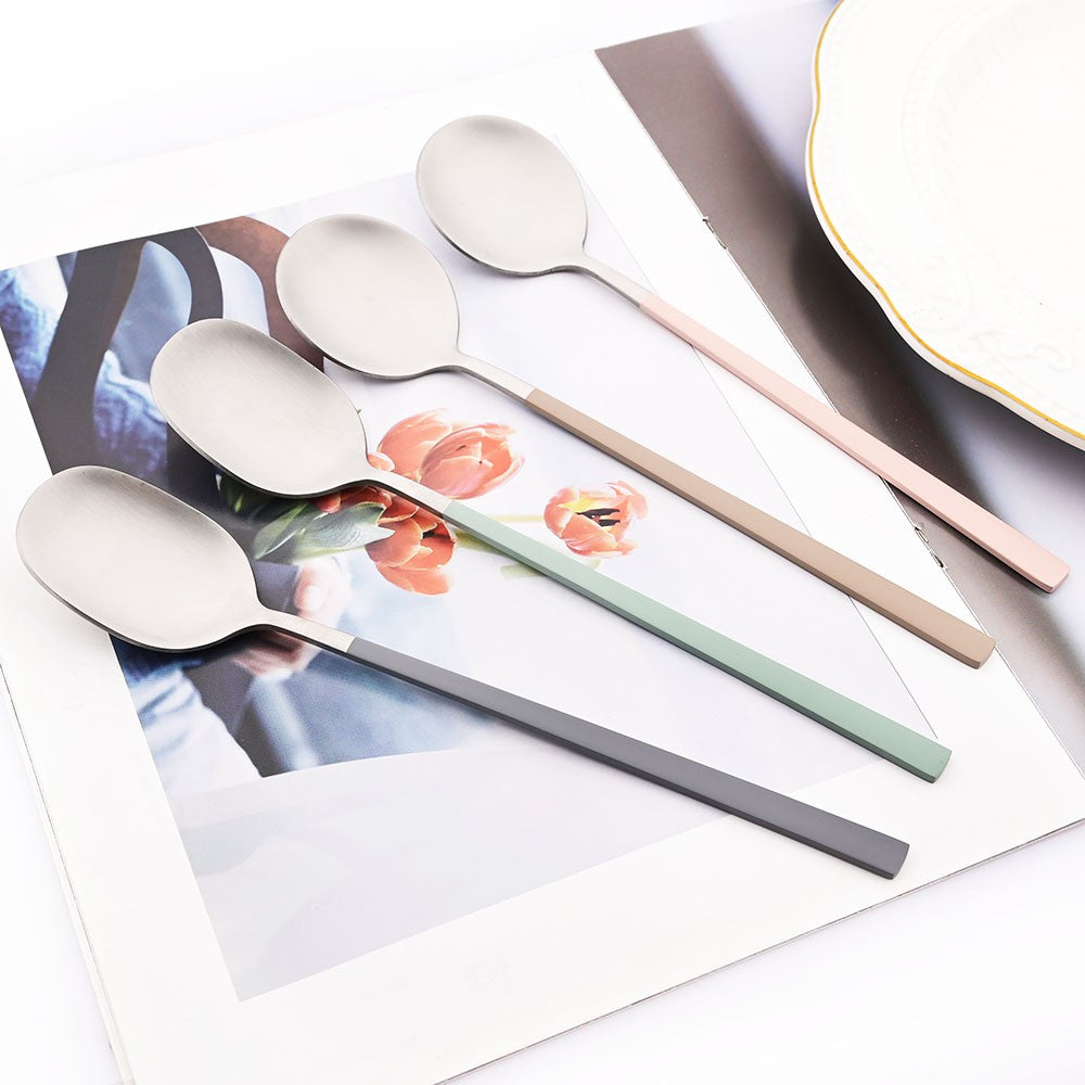 2Pcs Sushi Chopsticks Spoon Flatware Set Korean Colorful Silver Matte Tableware Stainless Steel Cutlery Set Spoon Dinnerware Set