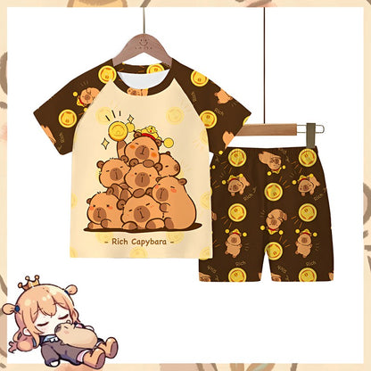 2pc Capybara Kids Pajama Set 5-14 Years, Summer Cartoon Short Sleeve Sleepwear with Hamburger Print, Breathable Boys Girls PJs