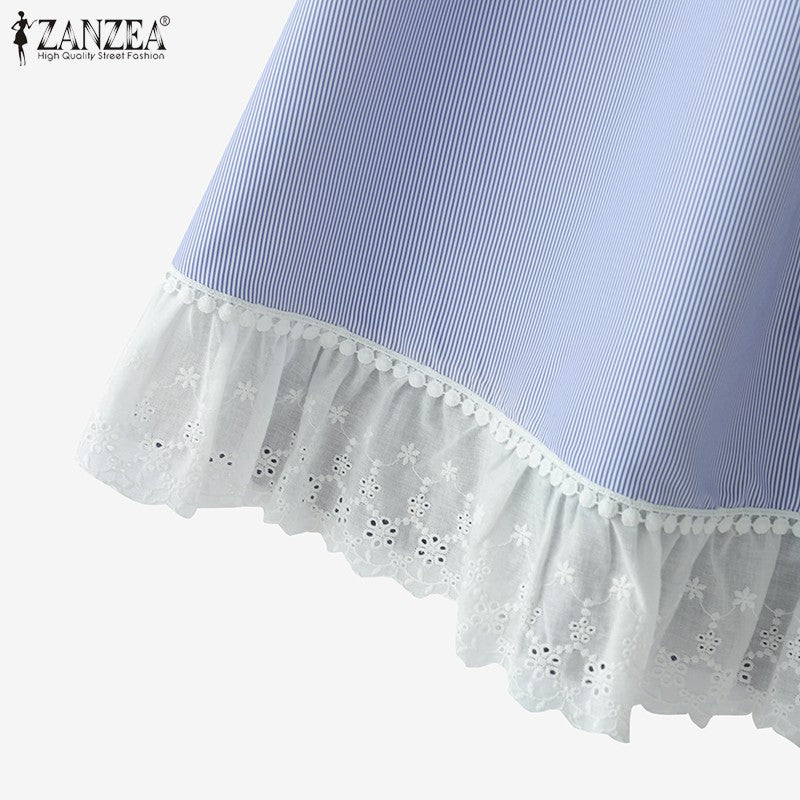 ZANZEA Plus Size Women Skirts Denin-Like Striped Patchwork Lace Trim Detail Lace-Up Elastic Waist A-Line Midi Skirt Casual Chic