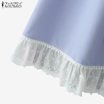 ZANZEA Plus Size Women Skirts Denin-Like Striped Patchwork Lace Trim Detail Lace-Up Elastic Waist A-Line Midi Skirt Casual Chic