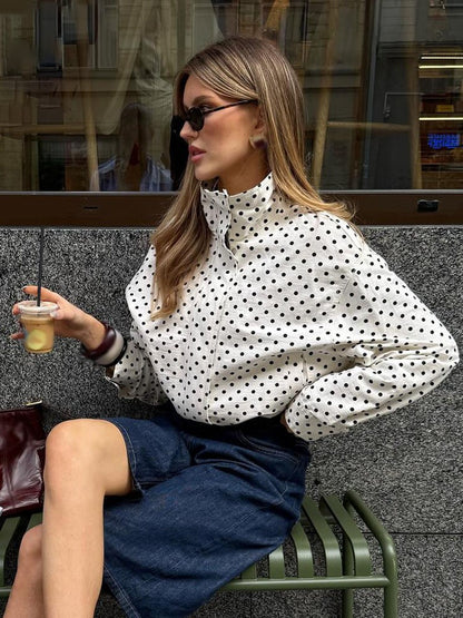 HH Woman Autumn Long Sleeves Turtleneck Zipper With Pockets Drawstring Casual Coats Women Fashion Polka Dot Printed Jacket