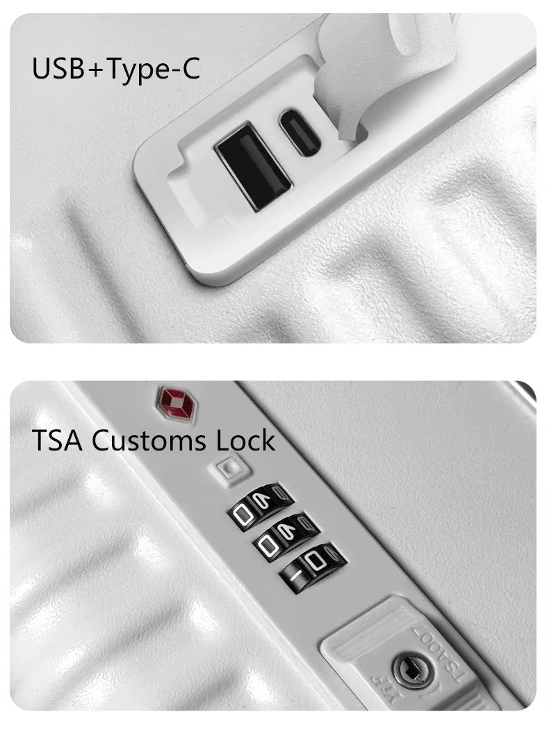 Tri-Zone Access Opening Suitcase Aluminum Frame PC Material Travel Case with Spinner Wheels Cup Holder TSA Lock Rolling Luggage