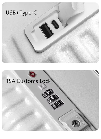 Tri-Zone Access Opening Suitcase Aluminum Frame PC Material Travel Case with Spinner Wheels Cup Holder TSA Lock Rolling Luggage