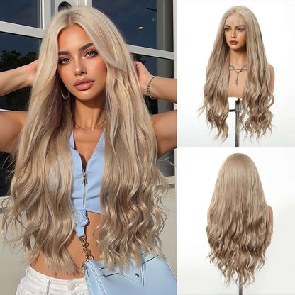 HENRY MARGU Peruca Frontal Lisa Ondulada Marrom Mista Longa Peruca Sintética Natural Ondulada 13x4 Frontal de Renda Cabelo Falso para Mulheres Raiz Escura