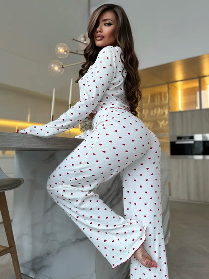 Lace Trim Women Pajama Set Short Sleeve Front Button Top & Full-Length Pants Cherry Print 2 Pieces Sleepwear Nightwear Homewear