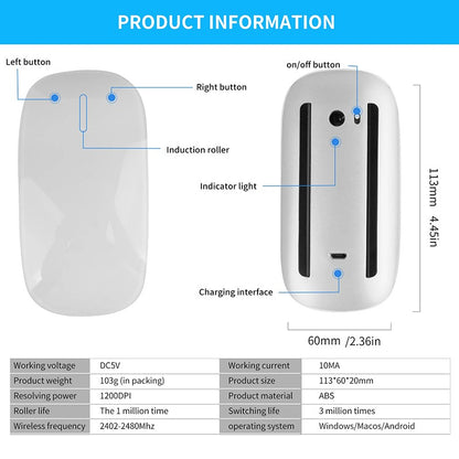 Mouse de Computador Sem Fio Bluetooth Xiaomi Magic Recarregável Touch Fino Ergonômico Modo Duplo Silencioso para PC Apple Macbook Air