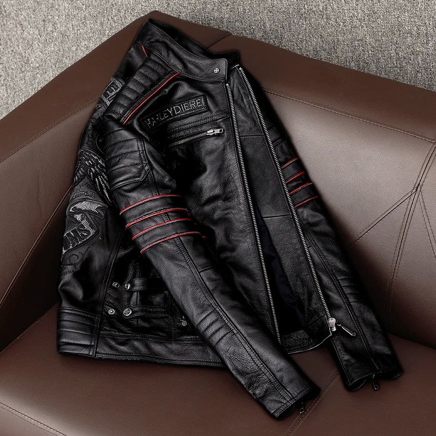 Men's Spring Original Leather Motorcycle Jacket 2025 Skull Embroidery Top Layer Cowhide Clothing Slim Fit Black Slim Male Coat