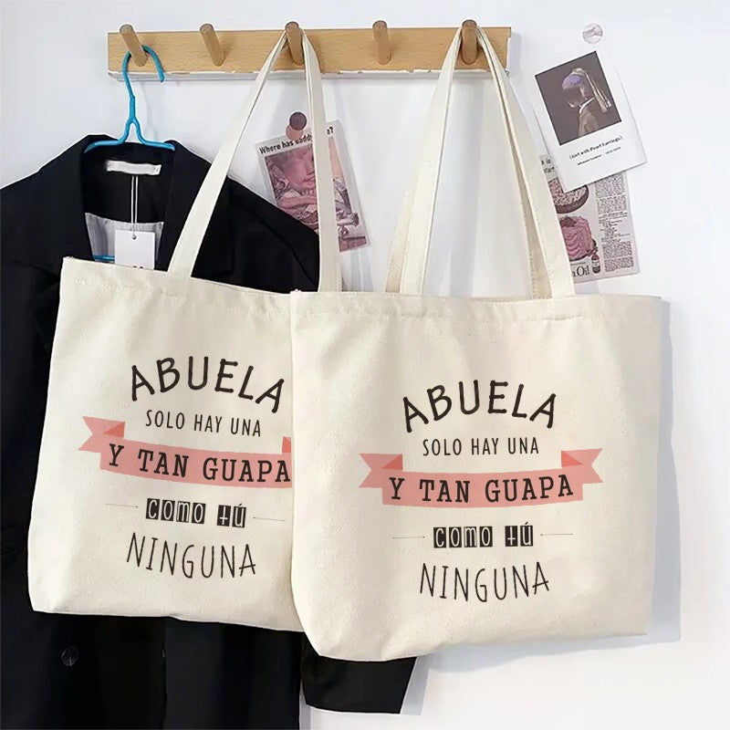 Spanish Abuela Quote Tote Bag Vibrant Shoulder Handbag with Heart Ribbon Design Perfect for Mother’s Day & Grandma Appreciation