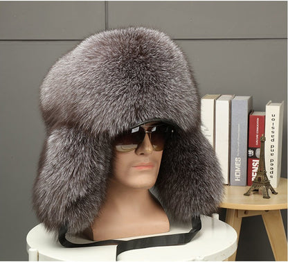 Real Fur 100% Fox Skin Russian Businessmen Pilot Bombers Full Mao Men's hat Ushanka Winter Ear Guard Hat Raccoon Fur Beanie hat