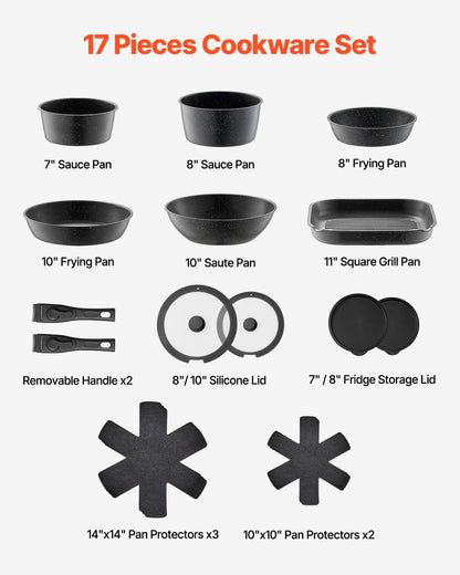 VEVOR 17 Pcs Nonstick Cookware Set Granite Pots and Pans Set Induction Cookwares Kitchen Cooking Set with Frying Sauce Saute Pan