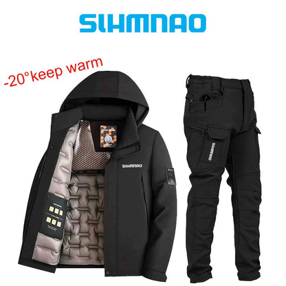 Conjunto de Terno de Pesca Masculino de Inverno 2025, Novo, Quente, Jaqueta Grossa Corta-Vento para Atividades ao Ar Livre, Calças de Algodão Quentes Resistentes ao Frio e à Neve