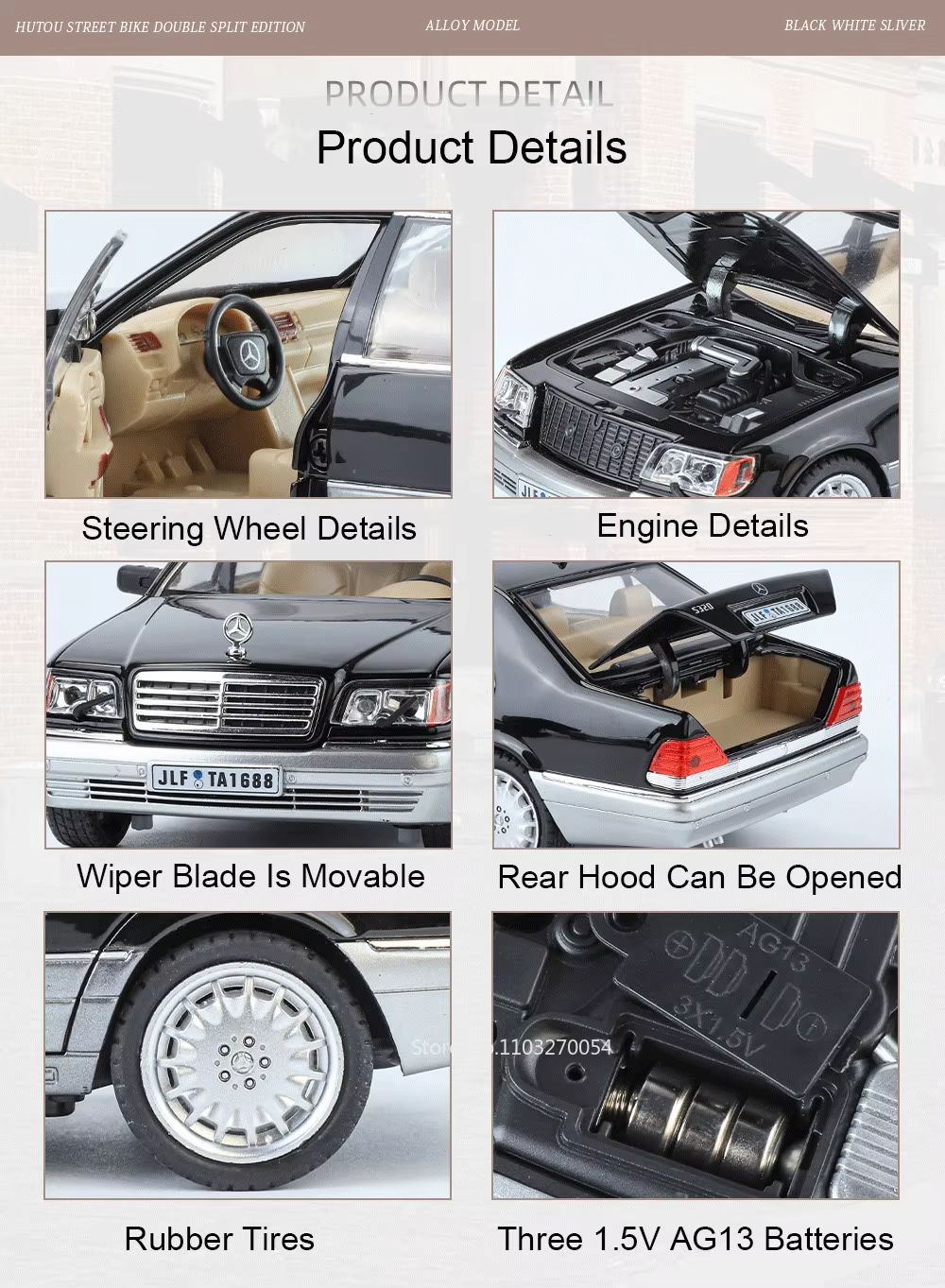 1:24 300SL W140 Carro de Brinquedo Modelo de Liga Fundido com Luz e Som, Carroceria Aberta, Modelos em Miniatura, Brinquedos Clássicos de Presente para Meninos