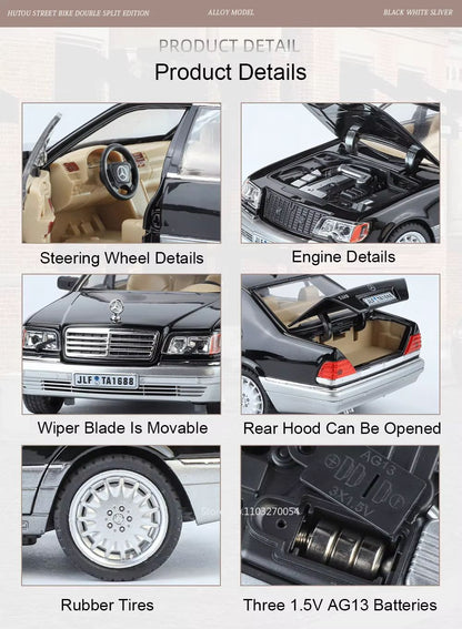 1:24 300SL W140 Carro de Brinquedo Modelo de Liga Fundido com Luz e Som, Carroceria Aberta, Modelos em Miniatura, Brinquedos Clássicos de Presente para Meninos