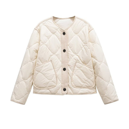 ETJ 2025 TRAF Spring new women's vintage crewneck quilted cotton-padded loose version of quilted casual jacket