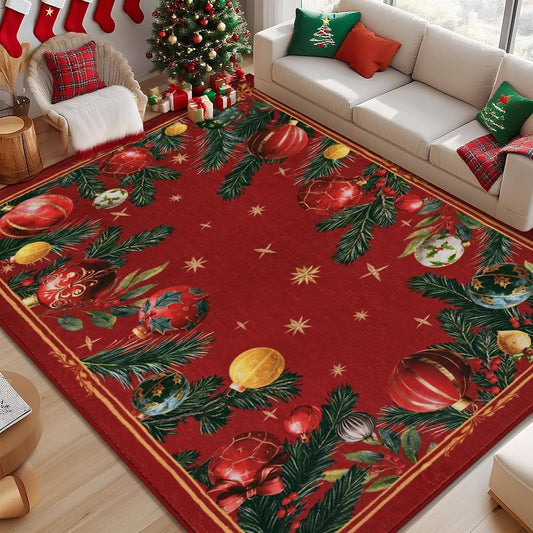 Christmas Area Rug Christmas Balls Living Room Rug Xmas Pine Rugs Green Bedroom Rugs Non Slip Carpet for Dining Room, Office