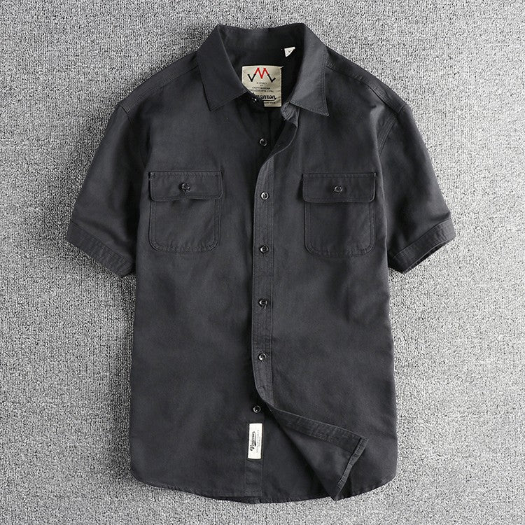 2024 Summer New American Retro Short Sleeve Lapel Cargo Shirt Men's Simple 100% Cotton Washed Double Pockets Casual Blouses