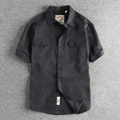 2024 Summer New American Retro Short Sleeve Lapel Cargo Shirt Men's Simple 100% Cotton Washed Double Pockets Casual Blouses