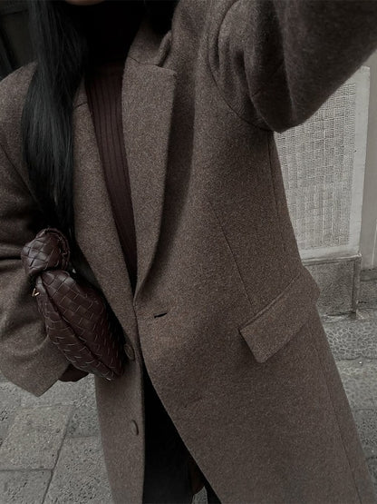 Women Elegant Shoulder Pad Wool Blend Overcoat Brown Lapel Single-breasted Long Sleeve Coat 2025 Autumn Lady Commuter Outerwear