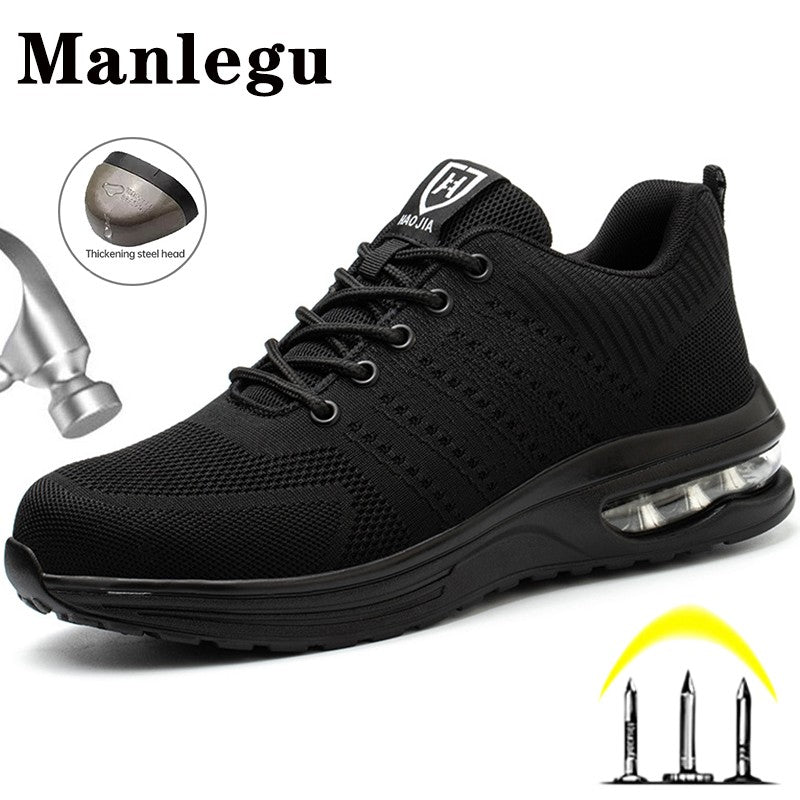 Sapatos de segurança leves para mulheres e homens, tênis de trabalho com amortecimento de ar, sapatos com bico de aço, botas de segurança para construção, sapatos de trabalho anti-impacto.