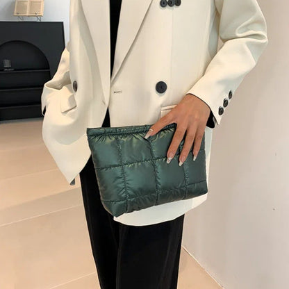 Cotton Filled Puffer Pouch PU Leather Storage Purse Puffer Padded Makeup Bag Waterproof Solid Color Thick Plaid Clutch Bag Work