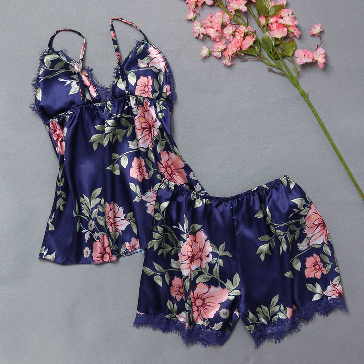 Women Pajama Suit Fashion V-Neck Stretch Satin Babydoll Lace Sexy Lingerie Bowknot Pyjamas Sleep Shorts Set Sleepwear New