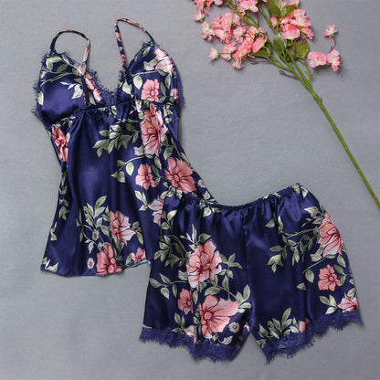 Women Pajama Suit Fashion V-Neck Stretch Satin Babydoll Lace Sexy Lingerie Bowknot Pyjamas Sleep Shorts Set Sleepwear New