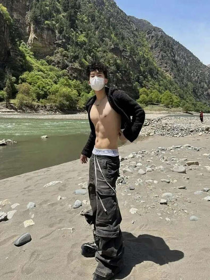 PFNW High Street Drawstring Zipper Sliced Wide Leg Cargo Pants Msn's Casual Loose Straight Trousers Loose Denim Pants 28W5963